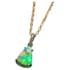 Stylish Australian Black Opal Diamond Tsavorite Pendant Necklace 14K Yellow Gold