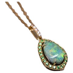 Stylish Australian Black Opal Diamond Tsavorite Pendant Necklace 18K Yellow Gold
