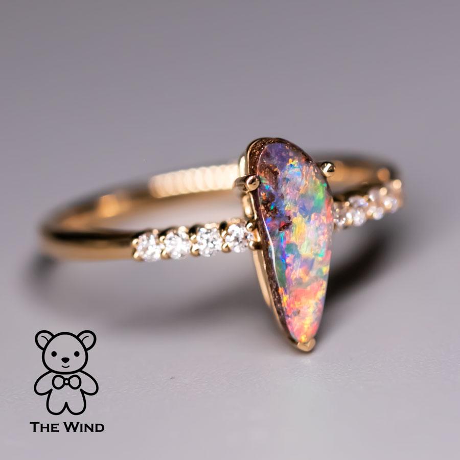 Brilliant Cut Stylish Australian Boulder Opal & Diamond Engagement Ring 18K Yellow Gold For Sale