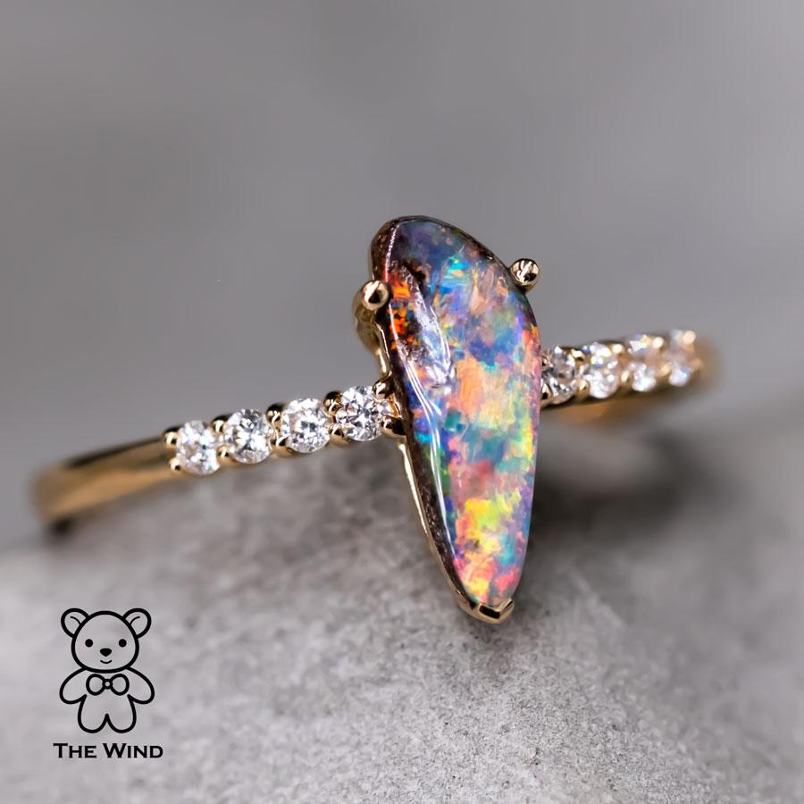 Stylish Australian Boulder Opal & Diamond Engagement Ring 18K Yellow Gold In New Condition For Sale In Suwanee, GA