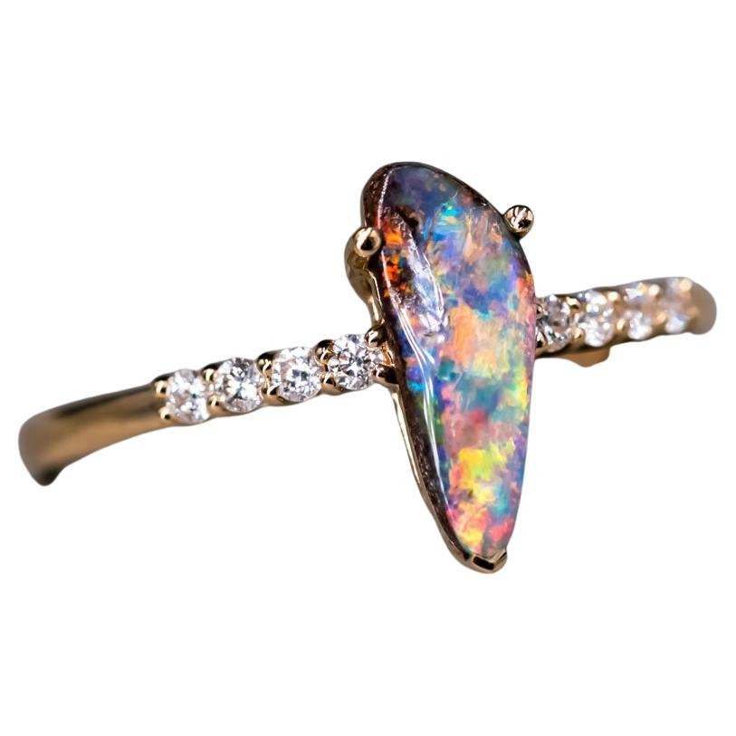 Stylish Australian Boulder Opal & Diamond Engagement Ring 18K Yellow Gold For Sale