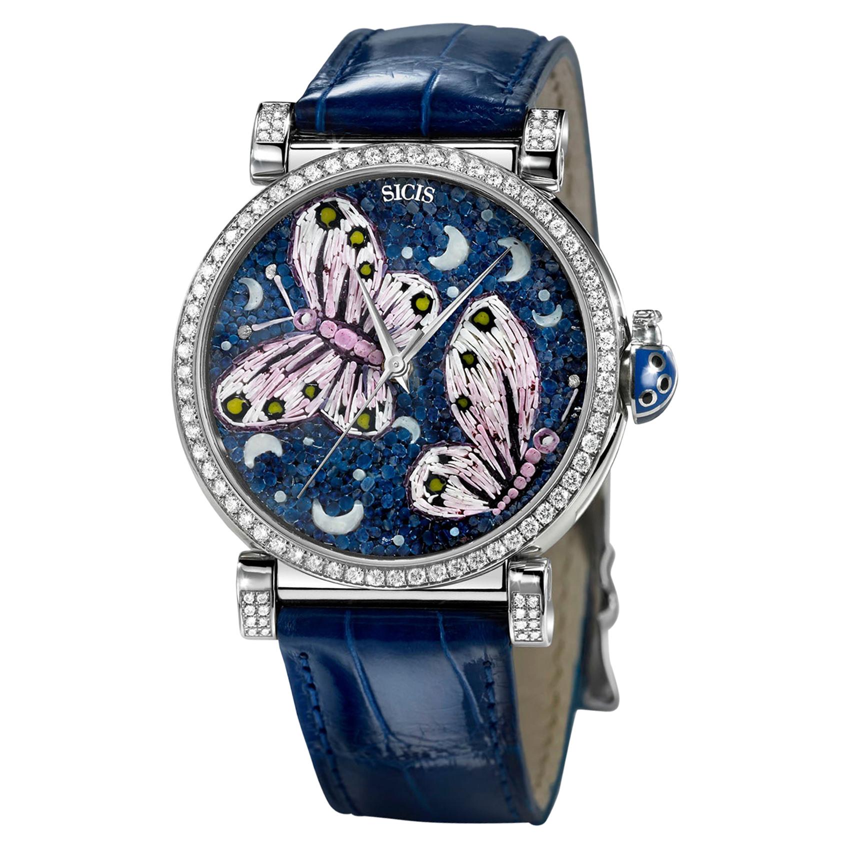 White Gold Automatic Watch with White Diamonds and Hand Decorated Micromosaic