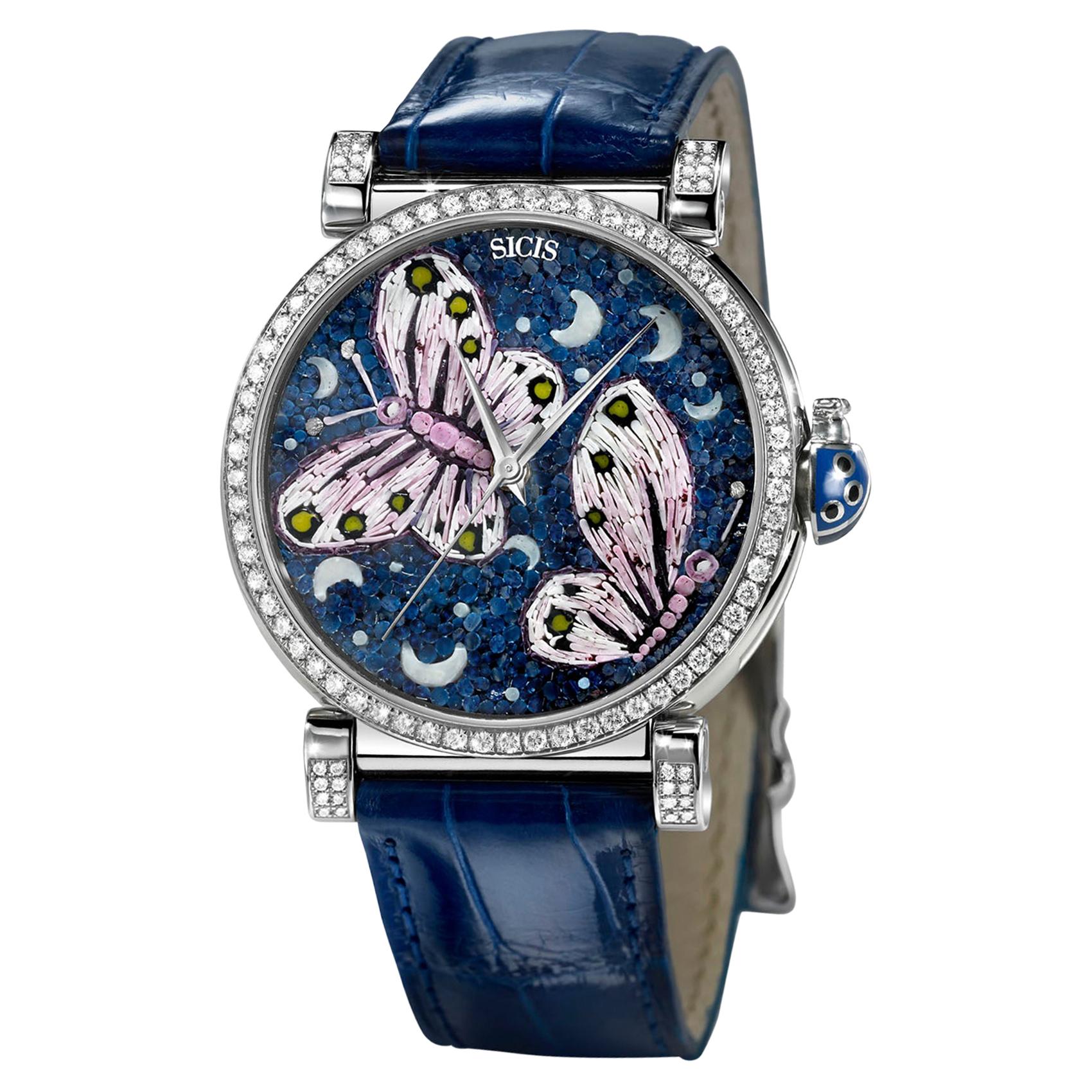 Montre automatique élégante et automatique en argent, diamants blancs et alligator avec bracelet en micro-mosaïque