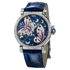 White Gold Automatic Watch with White Diamonds and Hand Decorated Micromosaic