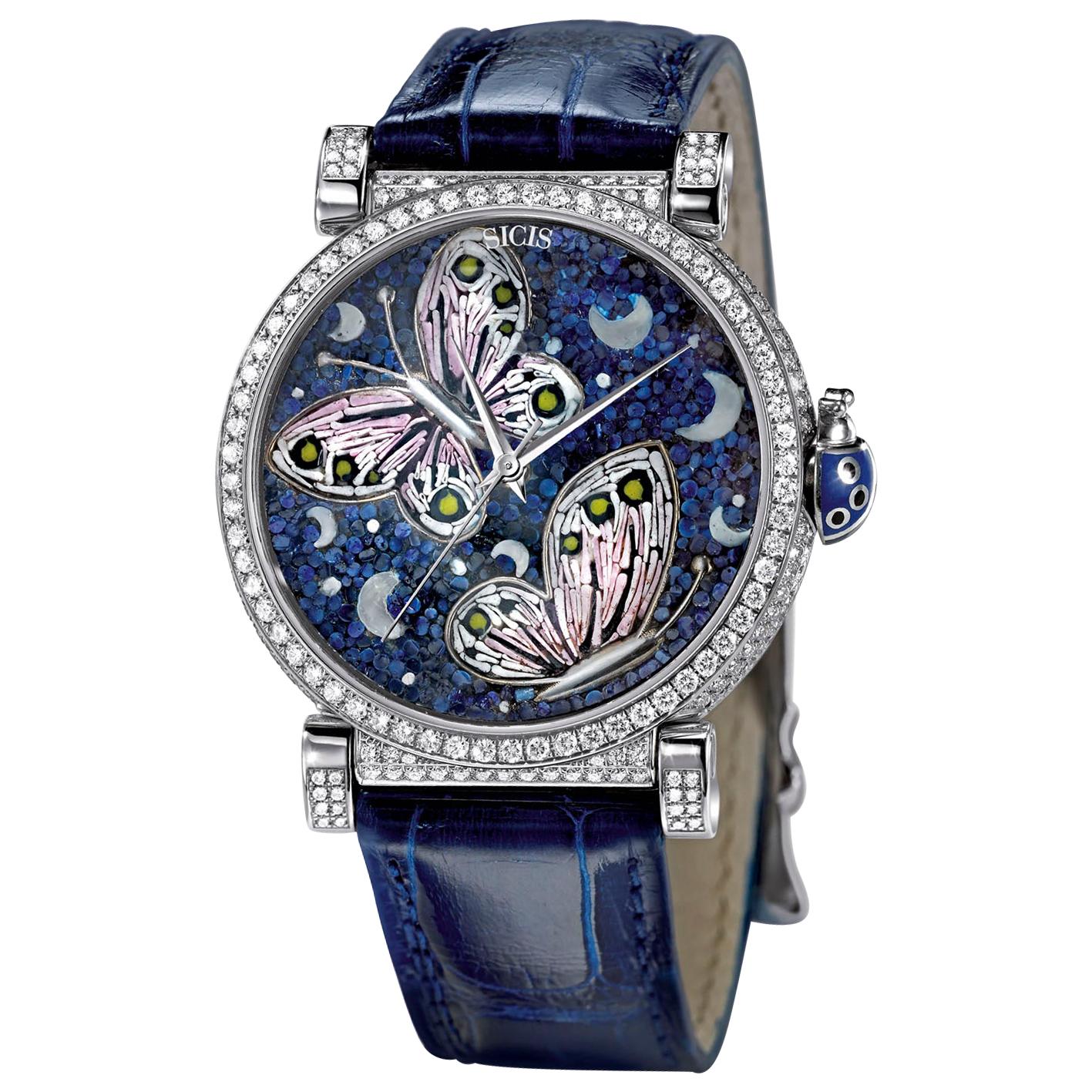 Stylish Automatic Watch White Gold White Diamonds Alligator Strap Micro Mosaic For Sale