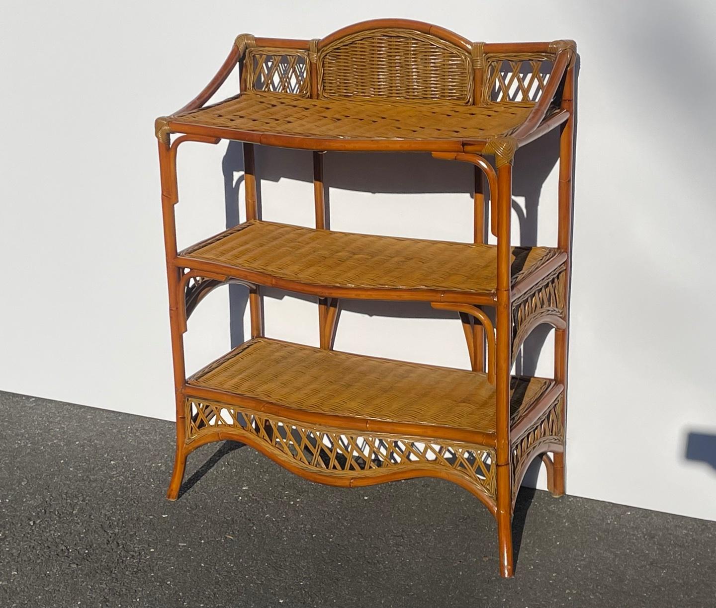 Mid-20th Century Stylish Bamboo and Rattan 3 Tier Etagere Stand For Sale
