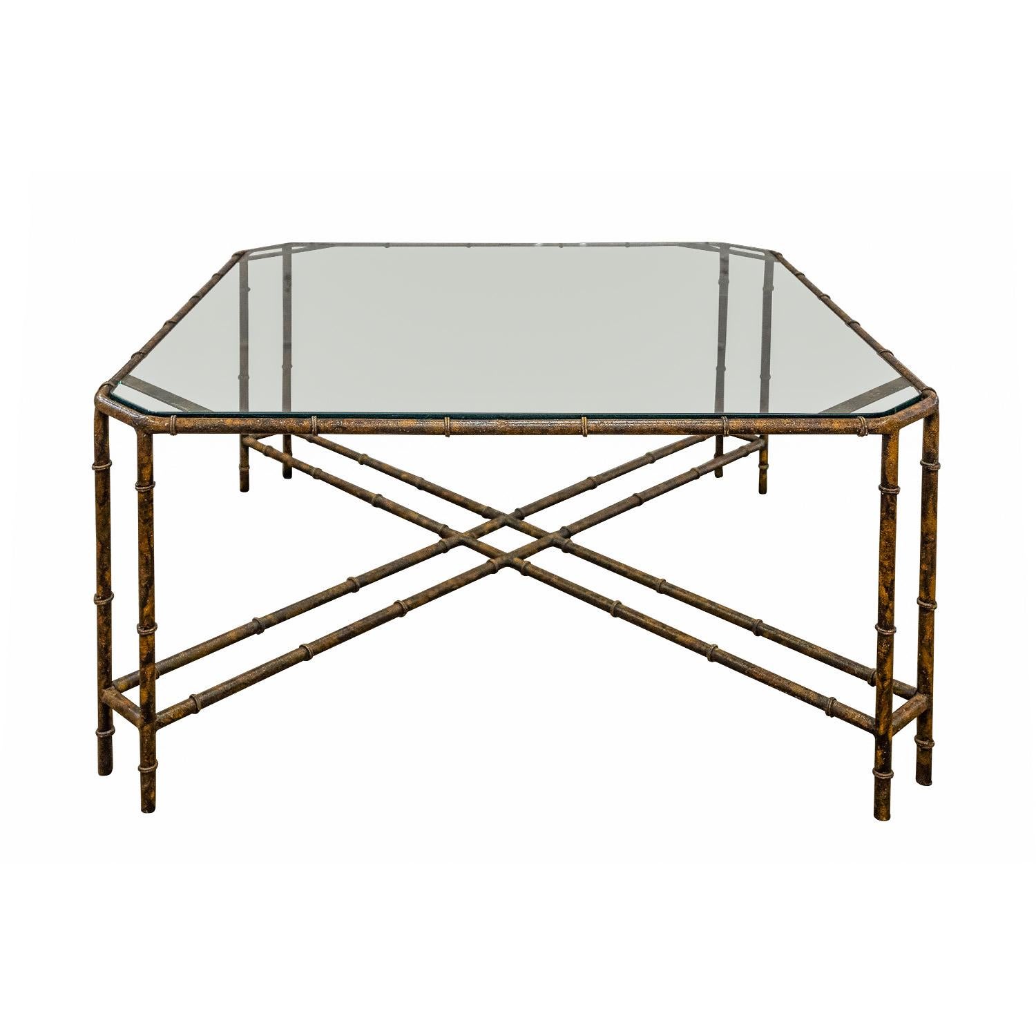Chic square coffee table in patinated bronze with bamboo motif, chamfered corners and inset glass top, American 1970's.  The double stretcher design is very elegant.  This table would work in any style interior.