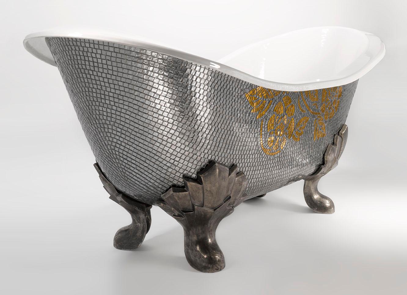 Modern Stylish Bathtub Hand Decorated with Mosaic Gold Leaf on Back For Sale