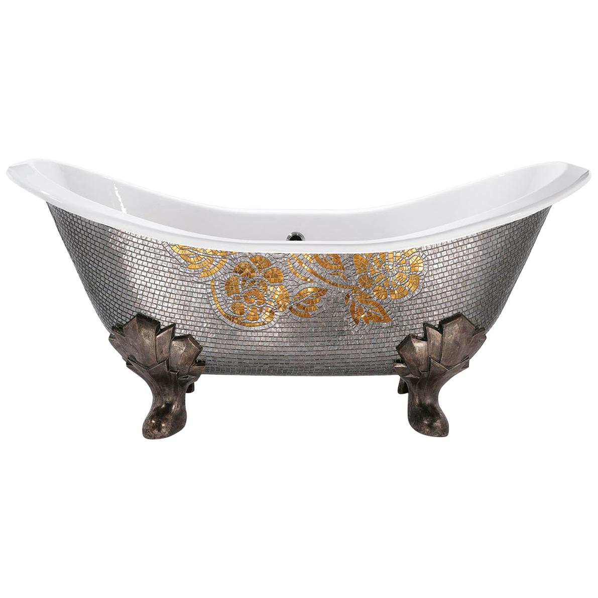 Stylish Bathtub Hand Decorated with Mosaic Gold Leaf on Back For Sale