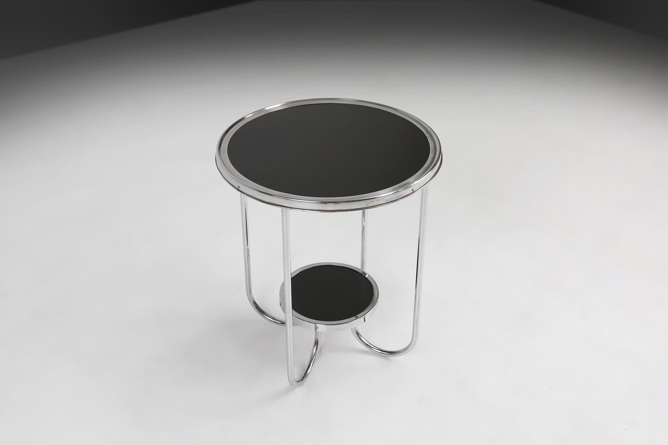 Metal Stylish Bauhaus side table with chrome and black lacquered wood, Germany, 1930s For Sale