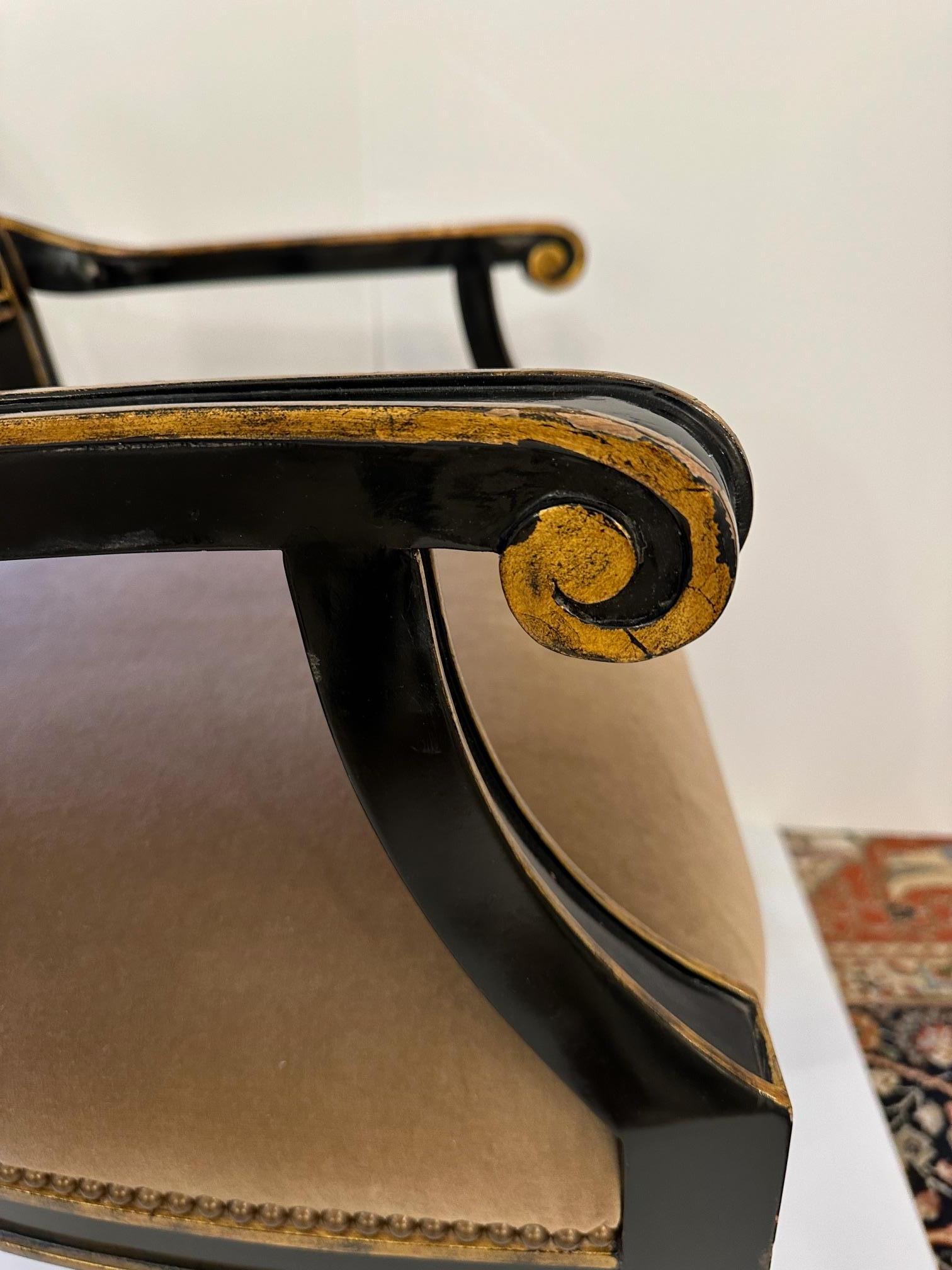 Philippine Stylish Black & Gold Hollywood Regency Maitland Smith Armchair For Sale
