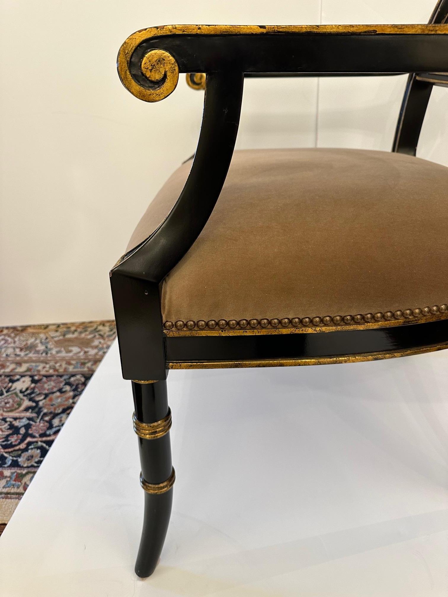 Velvet Stylish Black & Gold Hollywood Regency Maitland Smith Armchair For Sale