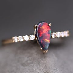 Stylish Australian Black Opal & Diamond Engagement Ring 18K Yellow Gold