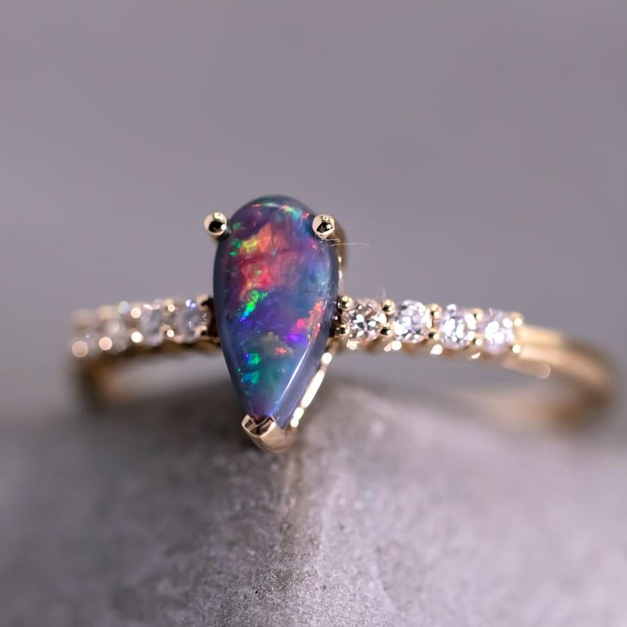 Brilliant Cut Stylish Black Opal Diamond Engagement Ring 18K Yellow Gold For Sale