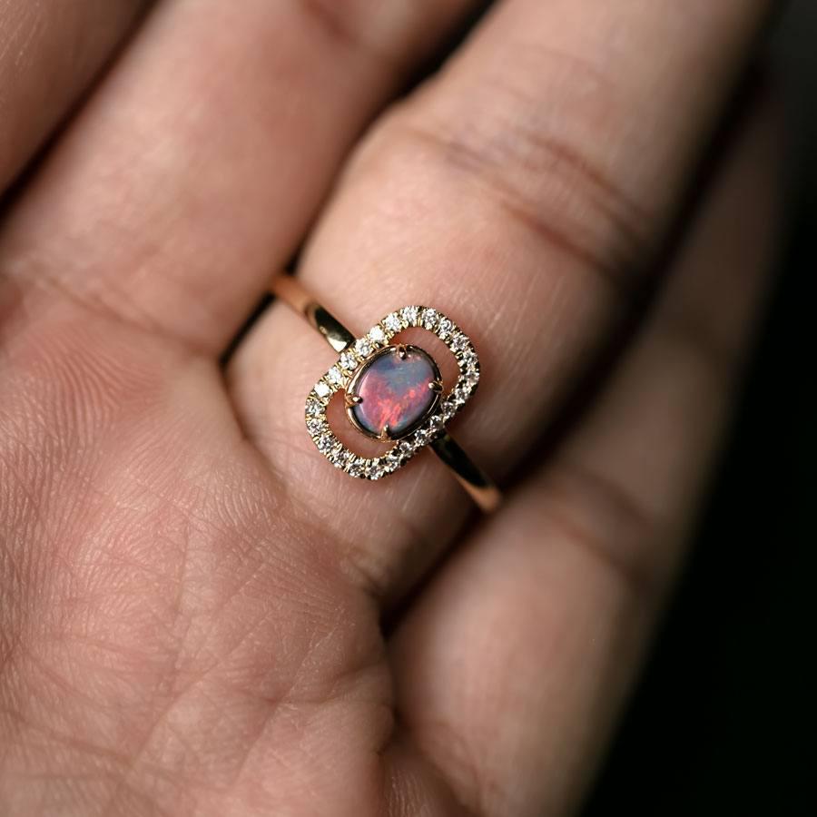 Arts and Crafts Stylish Black Opal & Halo Diamond Engagement Ring 18K Yellow Gold For Sale