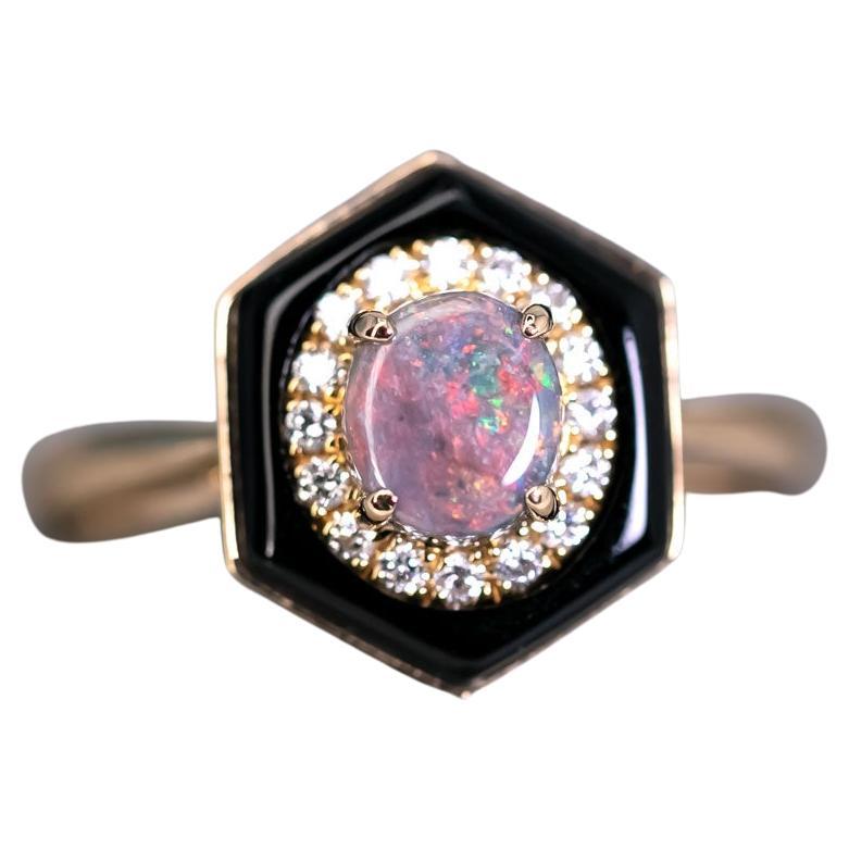 Stylish Black Opal Halo Diamond Engagement Ring 18K Yellow Gold