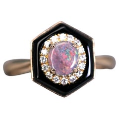 Stylish Black Opal Halo Diamond Engagement Ring 18K Yellow Gold