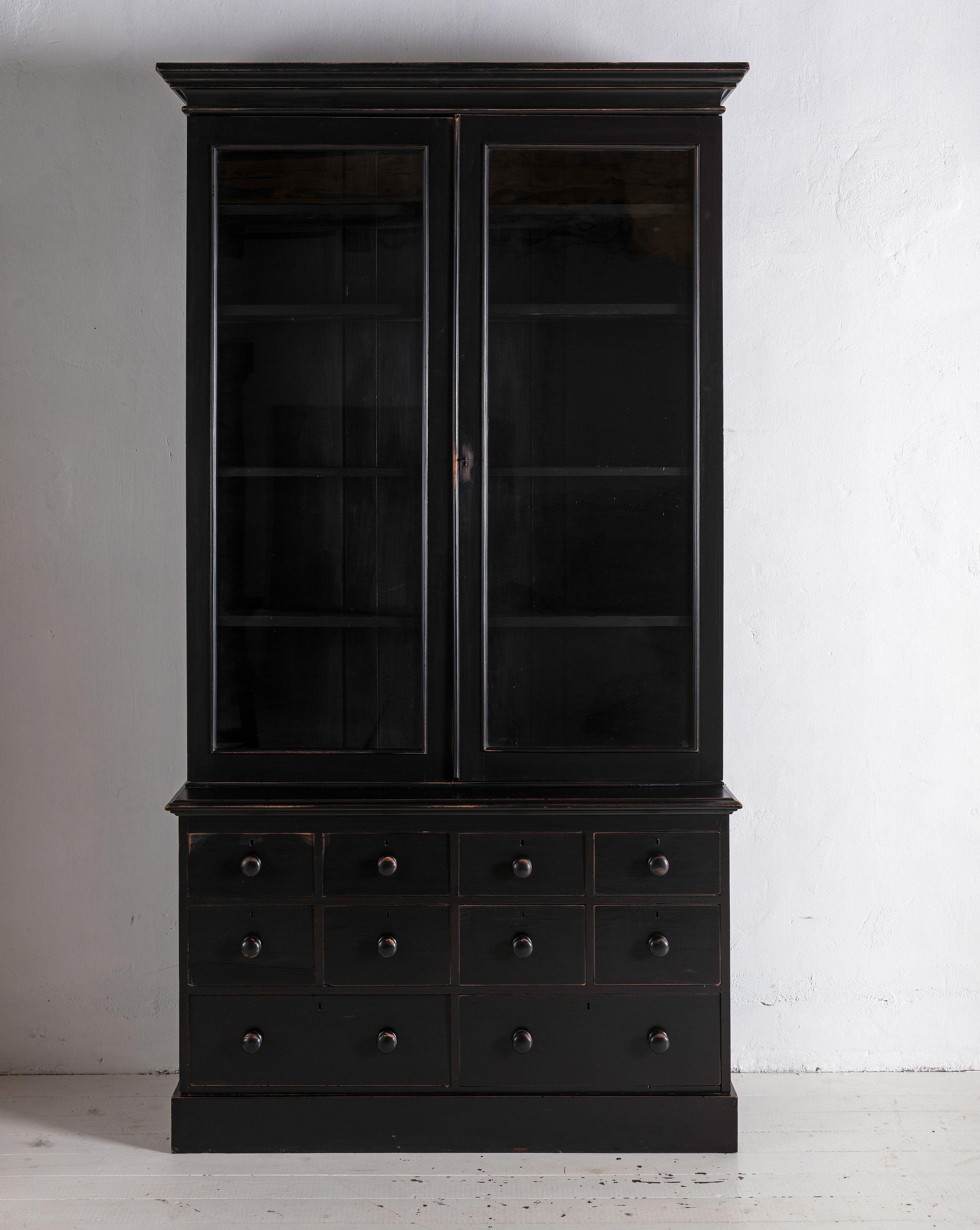 Hand-Painted Stylish Black Painted Edwardian Glazed Bookcase or Buffet with Original Glass For Sale