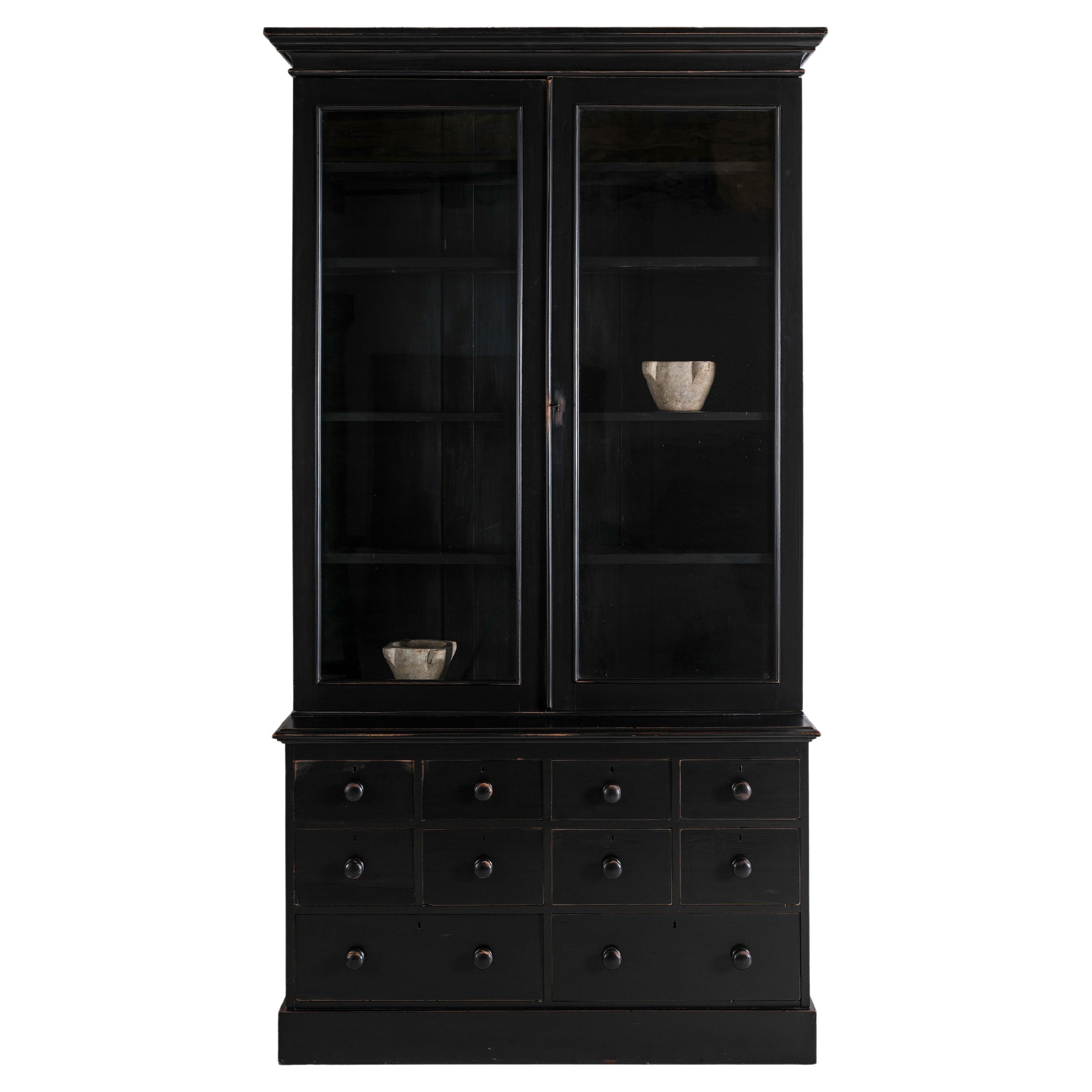 Stylish Black Painted Edwardian Glazed Bookcase or Buffet with Original Glass For Sale