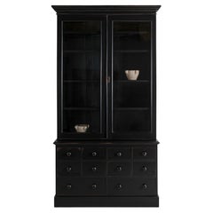 Stylish Black Painted Edwardian Glazed Bookcase or Buffet with Original Glass
