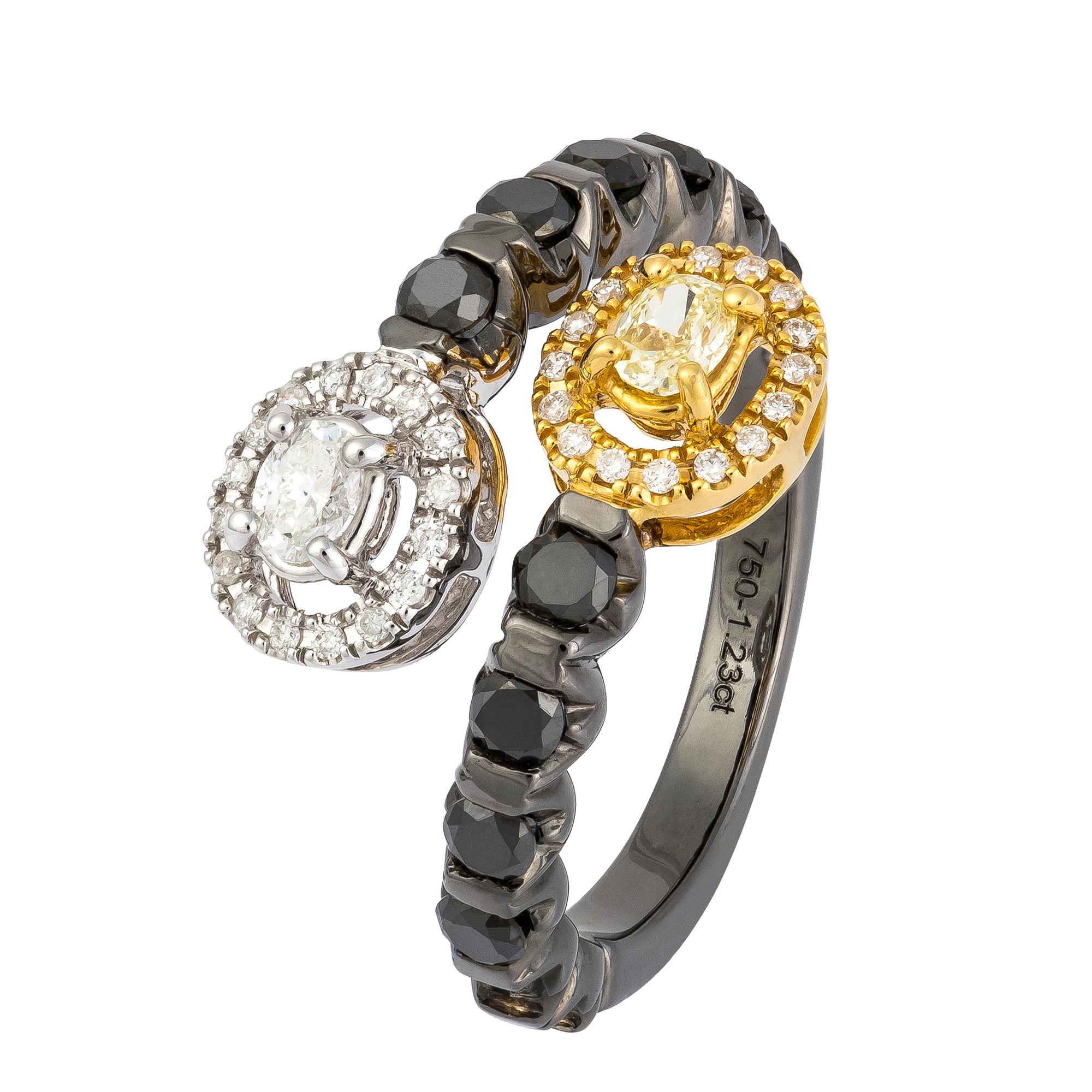 Stilvoller schwarz-gelb-weißer Diamant-Ring aus Weiß-Gelbgold für Sie (Rundschliff) im Angebot