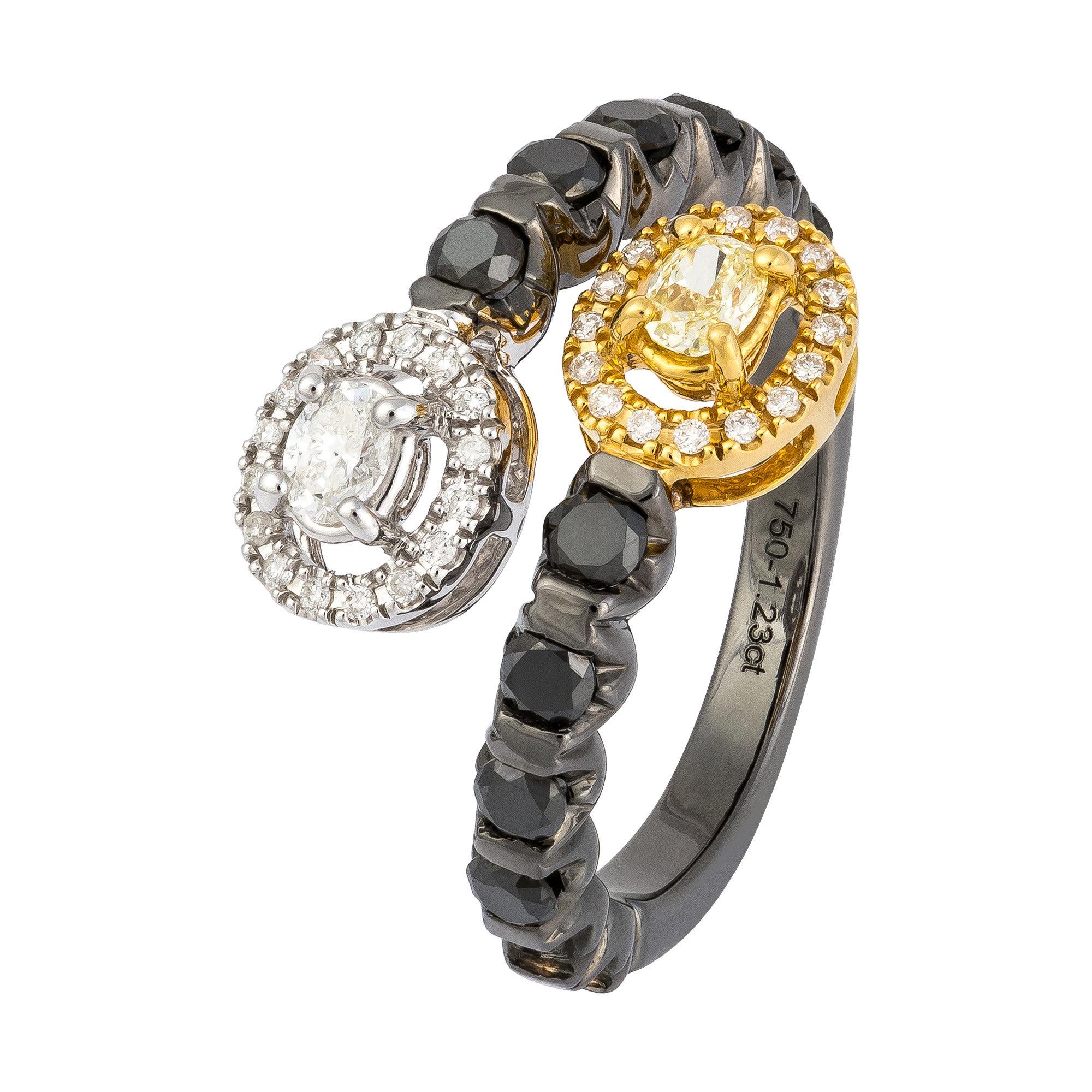 Stilvoller schwarz-gelb-weißer Diamant-Ring aus Weiß-Gelbgold für Sie im Angebot