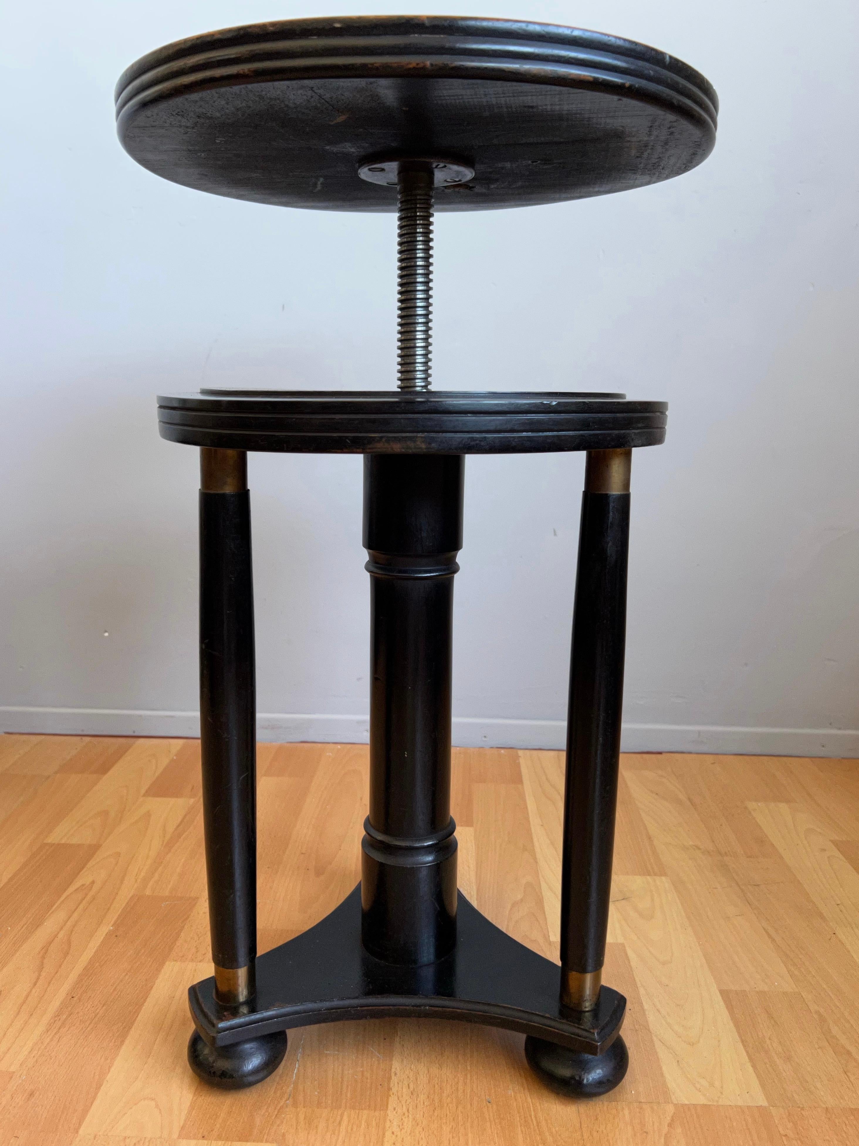 Vienna Secession Stylish Blackened Wooden and Brass Art Deco Desk or Piano Swivel Stool, ca 1900 For Sale