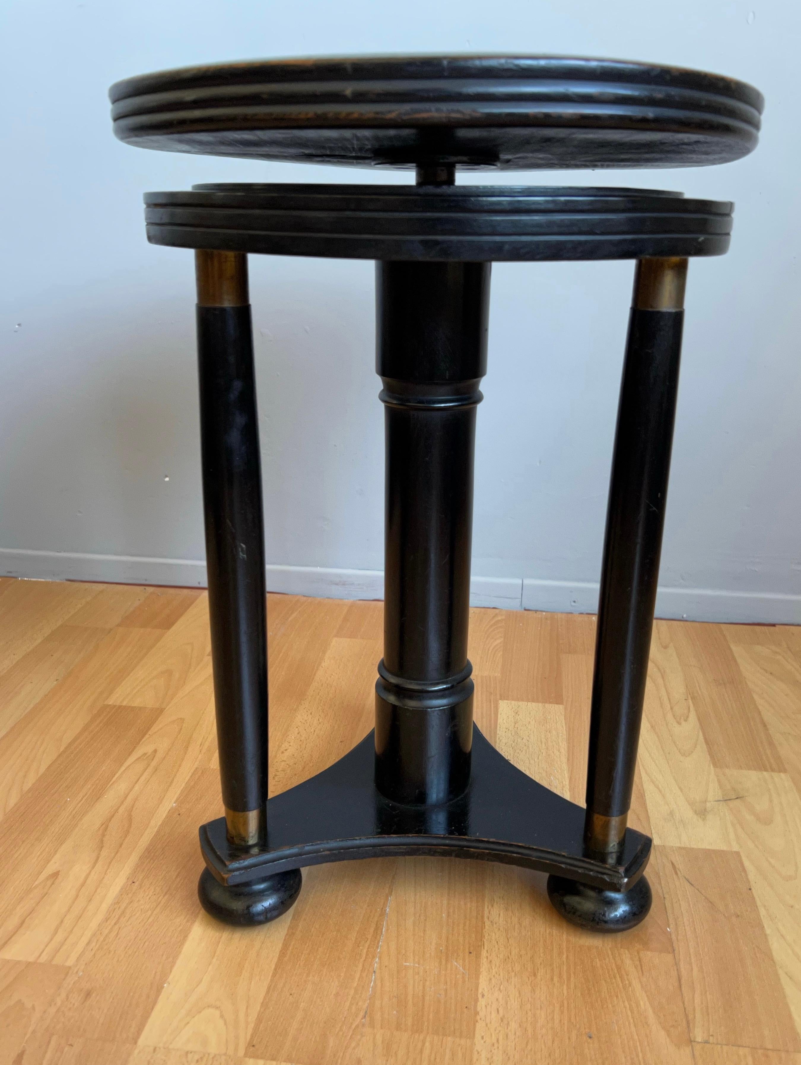 Carved Stylish Blackened Wooden and Brass Art Deco Desk or Piano Swivel Stool, ca 1900 For Sale