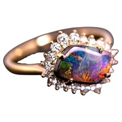Stylish Boulder Opal Diamond Halo Engagement Ring 18K Yellow Gold