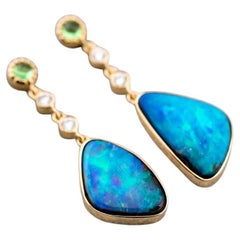 Stylish Boulder Opal Diamond Tsavorite Drop Earrings 18k Yellow Gold
