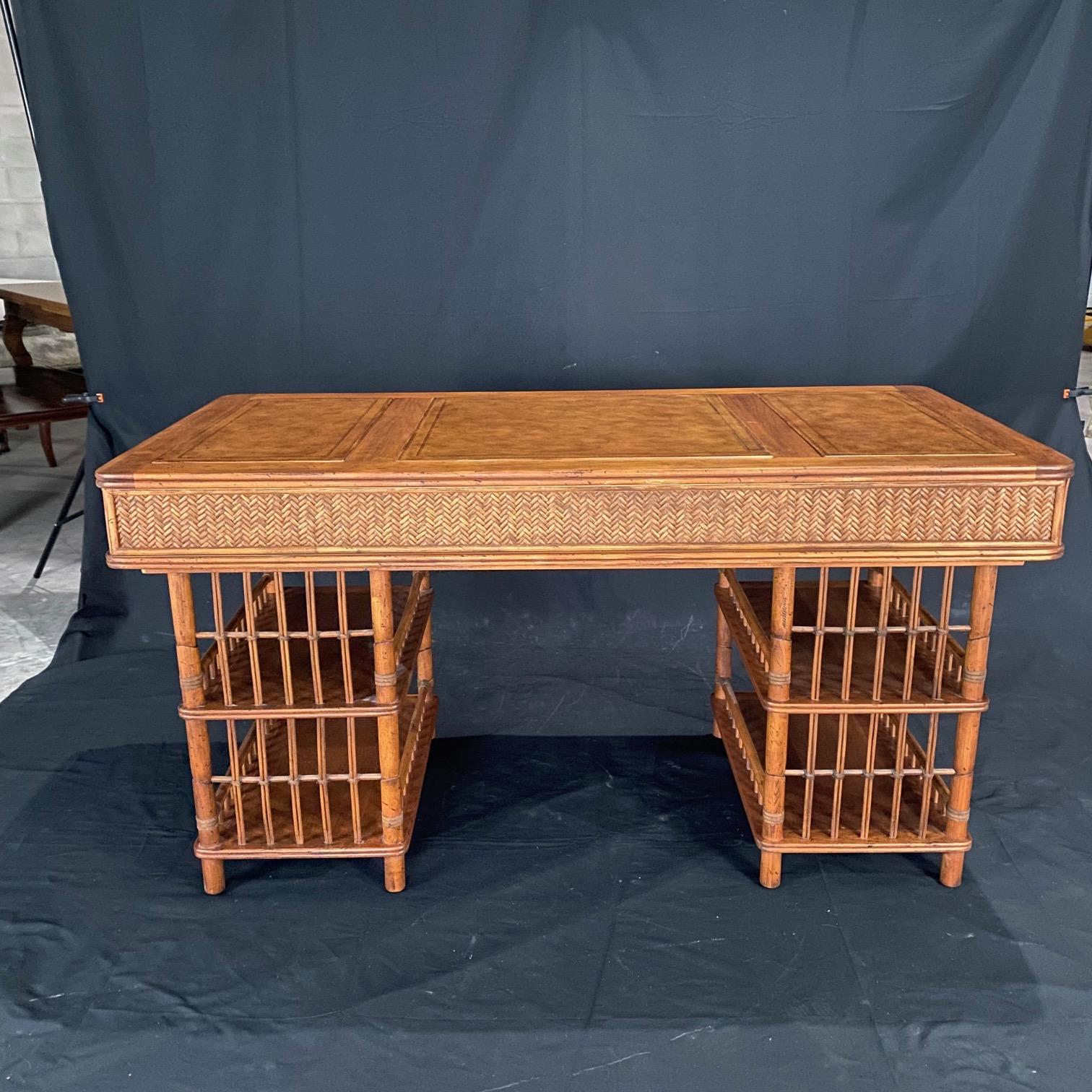 Stylish British Colonial Tommy Bahama Rattan and Bamboo Desk For Sale