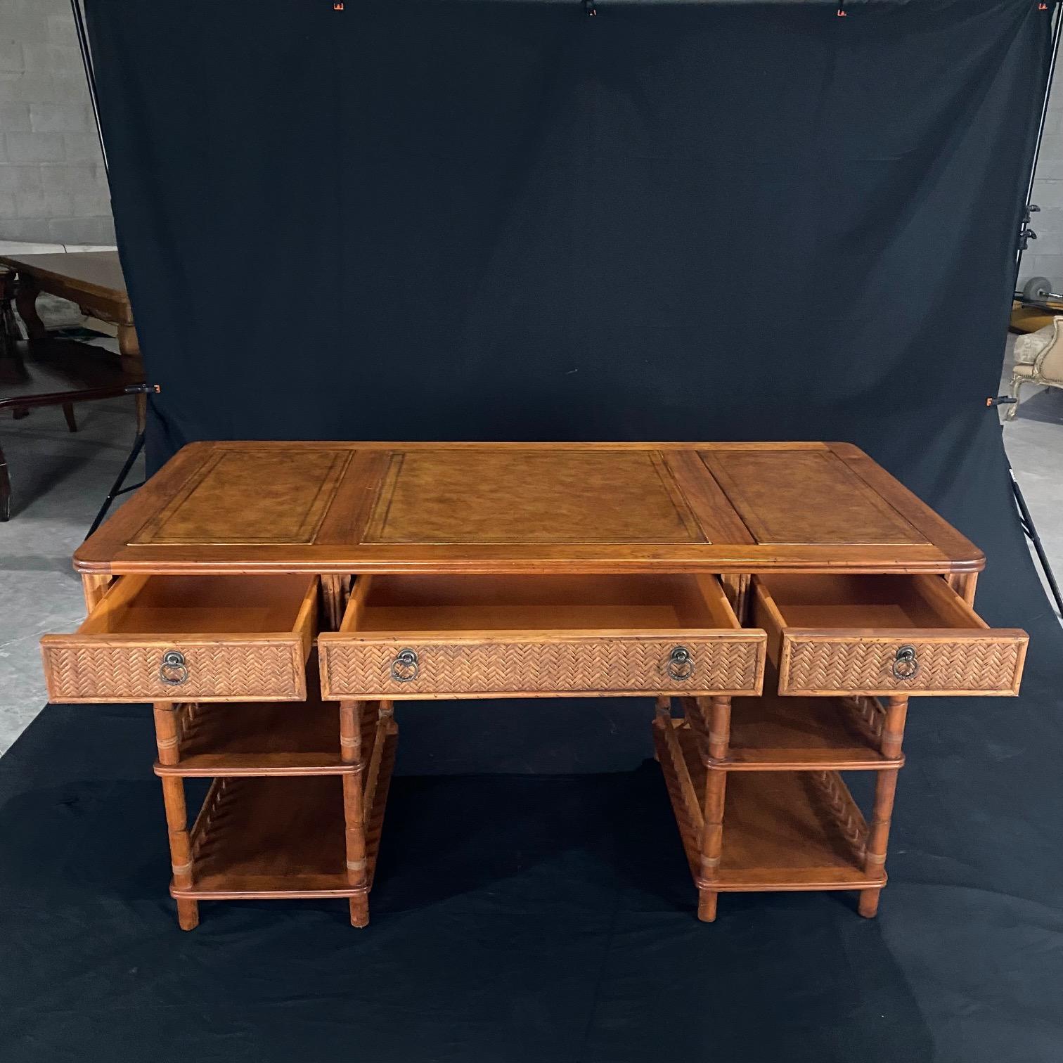 Stylish British Colonial Tommy Bahama Rattan and Bamboo Desk For Sale