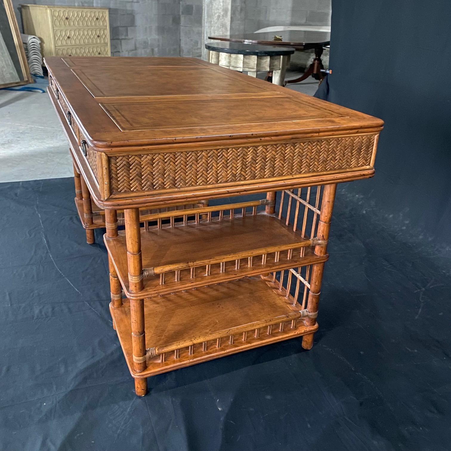 Stylish British Colonial Tommy Bahama Rattan and Bamboo Desk For Sale