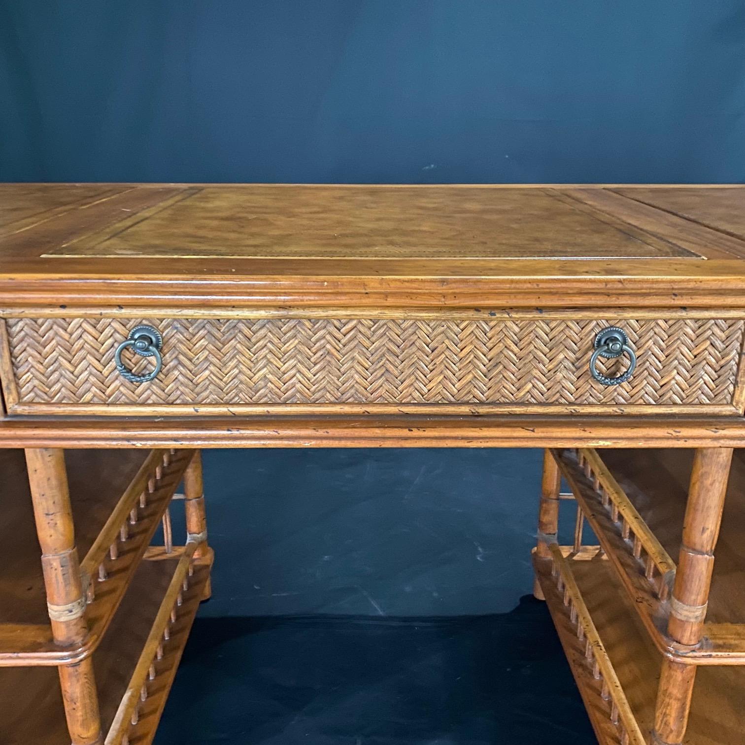 Stylish British Colonial Tommy Bahama Rattan and Bamboo Desk For Sale