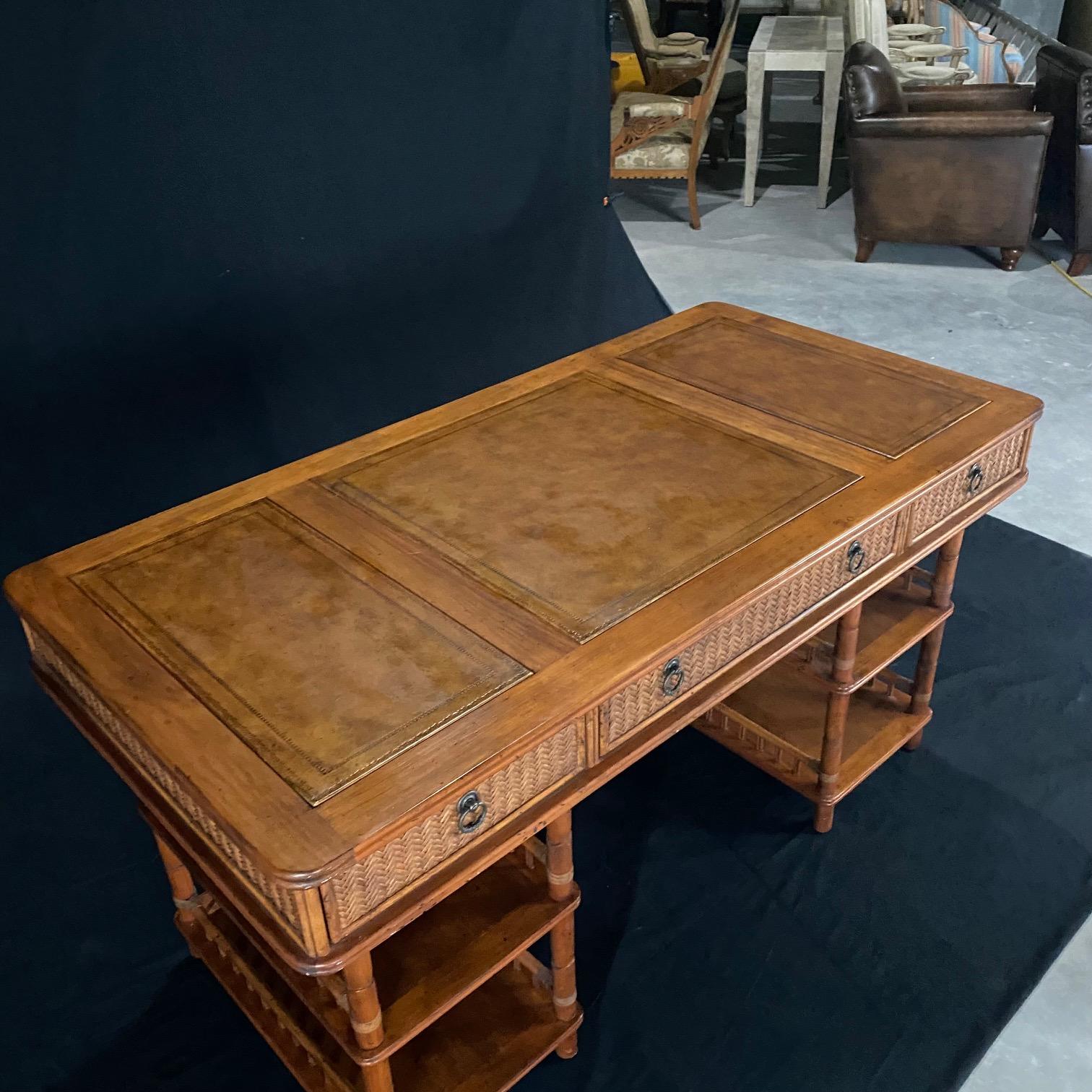 Stylish British Colonial Tommy Bahama Rattan and Bamboo Desk For Sale