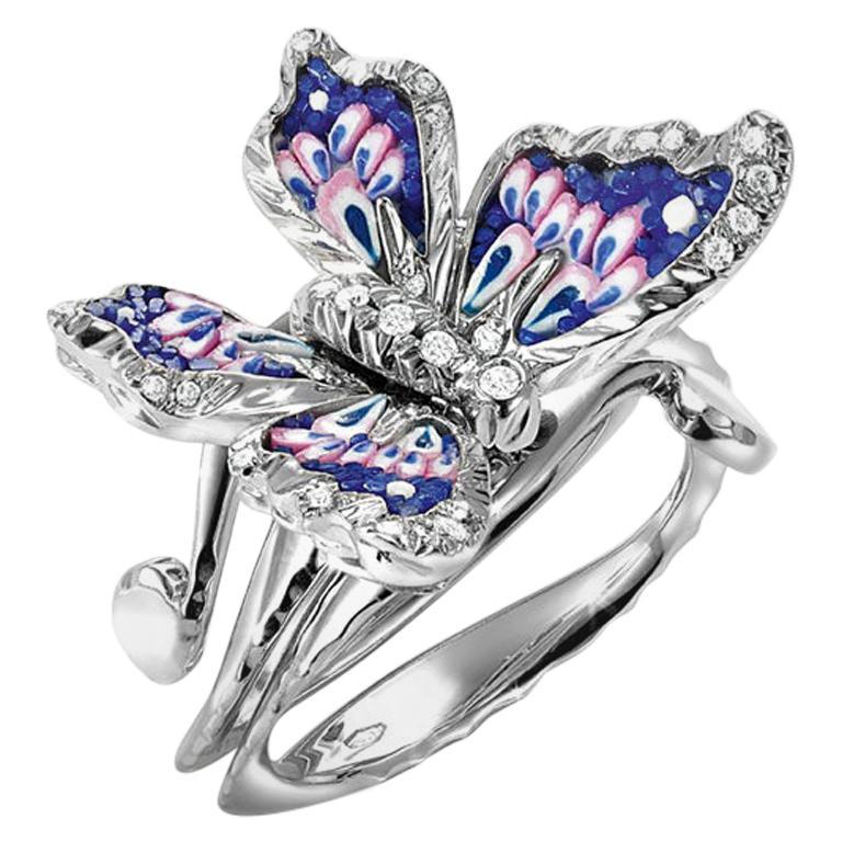 Stylish Butterfly Ring White Diamond White Gold Hand Decorated with Micro Mosaic For Sale