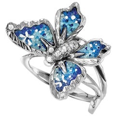 Stylish Butterfly Ring White Diamond White Gold Hand Decorated with Micro Mosaic