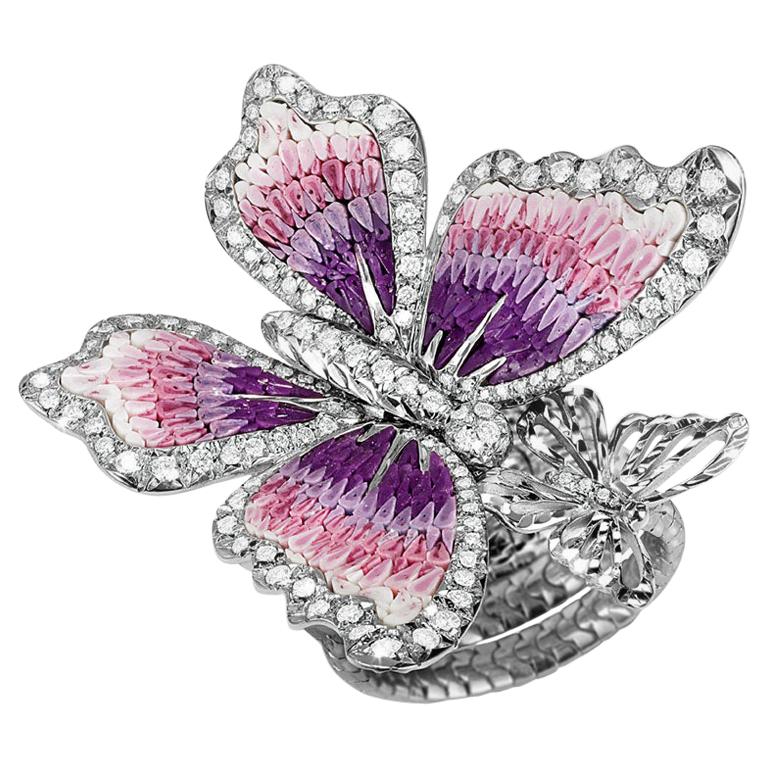 Stylish Butterfly Ring White Diamond White Gold Hand Decorated with Micro Mosaic For Sale
