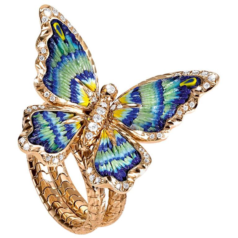 Stylish Butterfly Ring White Diamonds Yellow Gold Hand Decorated Micro Mosaic For Sale