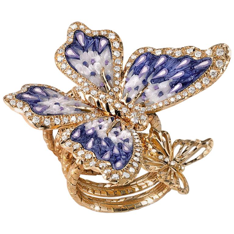 Stylish Butterfly Ring White Diamonds Yellow Gold Hand Decorated Micro Mosaic For Sale