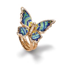 Stylish Butterfly Ring White Diamonds Yellow Gold Hand Decorated Micro Mosaic