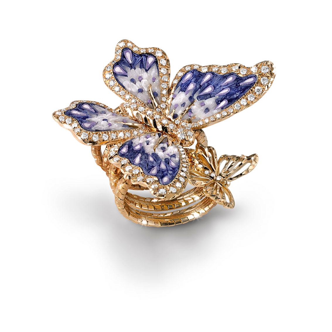 Romantic Stylish Butterfly Ring White Diamonds Yellow Gold Hand Decorated Micro Mosaic For Sale