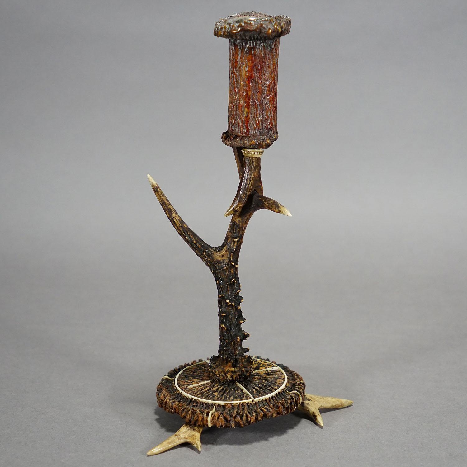 Rustic Stylish Cabin Decor Antler Candle Holder with Deer Carving, Germany ca. 1900 For Sale
