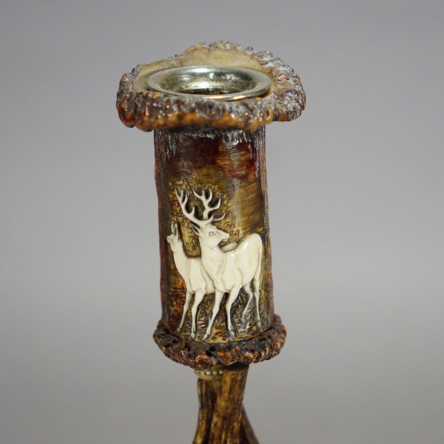 Hand-Carved Stylish Cabin Decor Antler Candle Holder with Deer Carving, Germany ca. 1900 For Sale