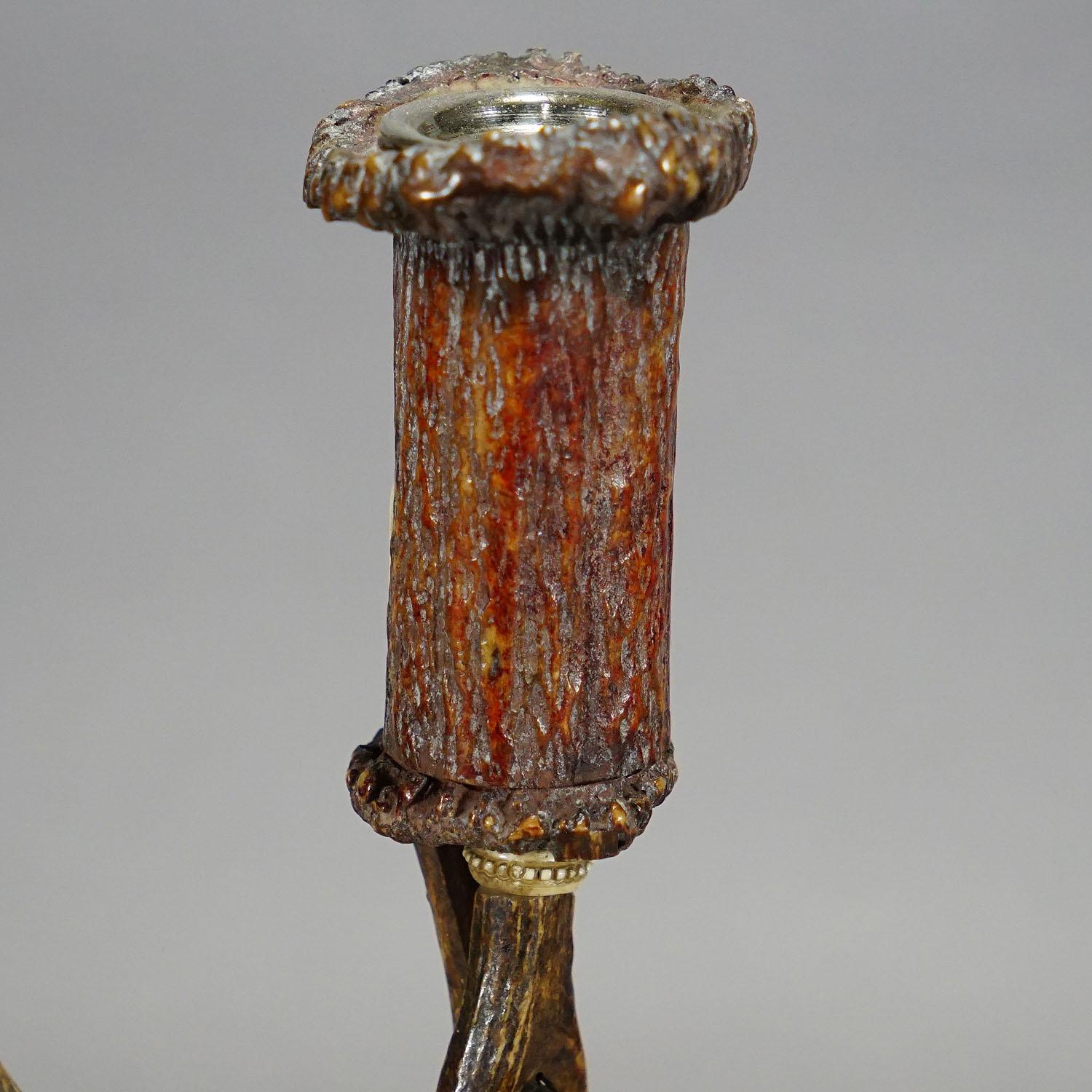 19th Century Stylish Cabin Decor Antler Candle Holder with Deer Carving, Germany ca. 1900 For Sale