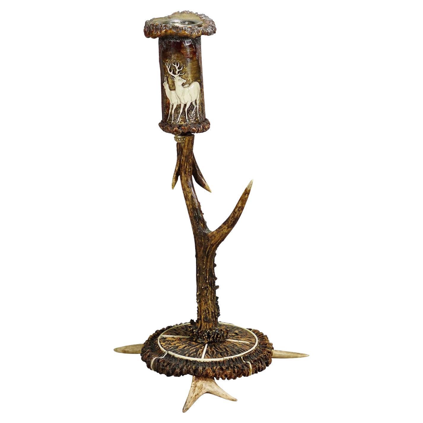 Stylish Cabin Decor Antler Candle Holder with Deer Carving, Germany ca. 1900 For Sale