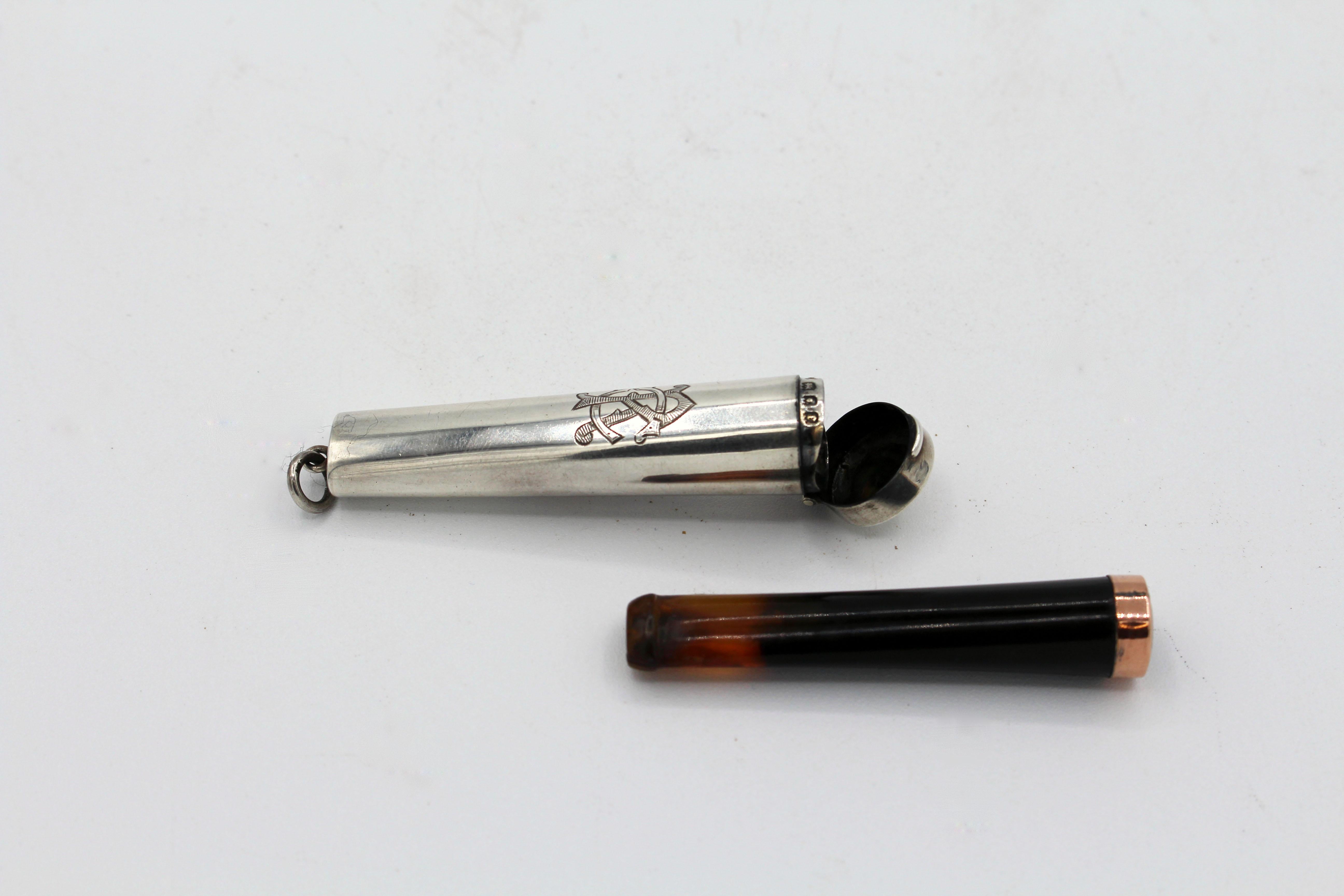 Stylish Carved Amber & Gold Cigarette Holder, Original Sterling Silver Case, 192 2