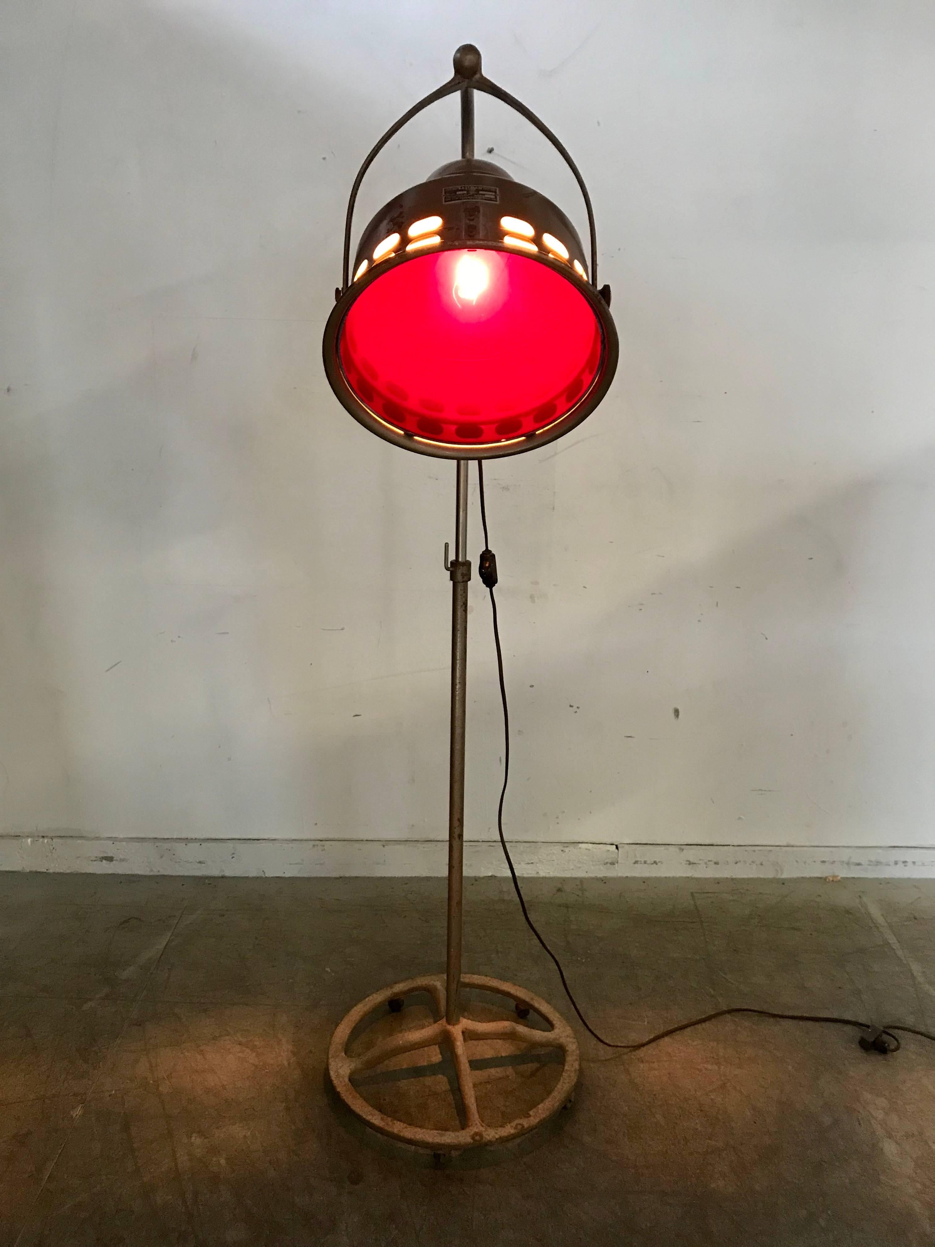 American Stylish Cast Iron Industrial Floor Lamp with Red Lens by J. H. Eastman Co