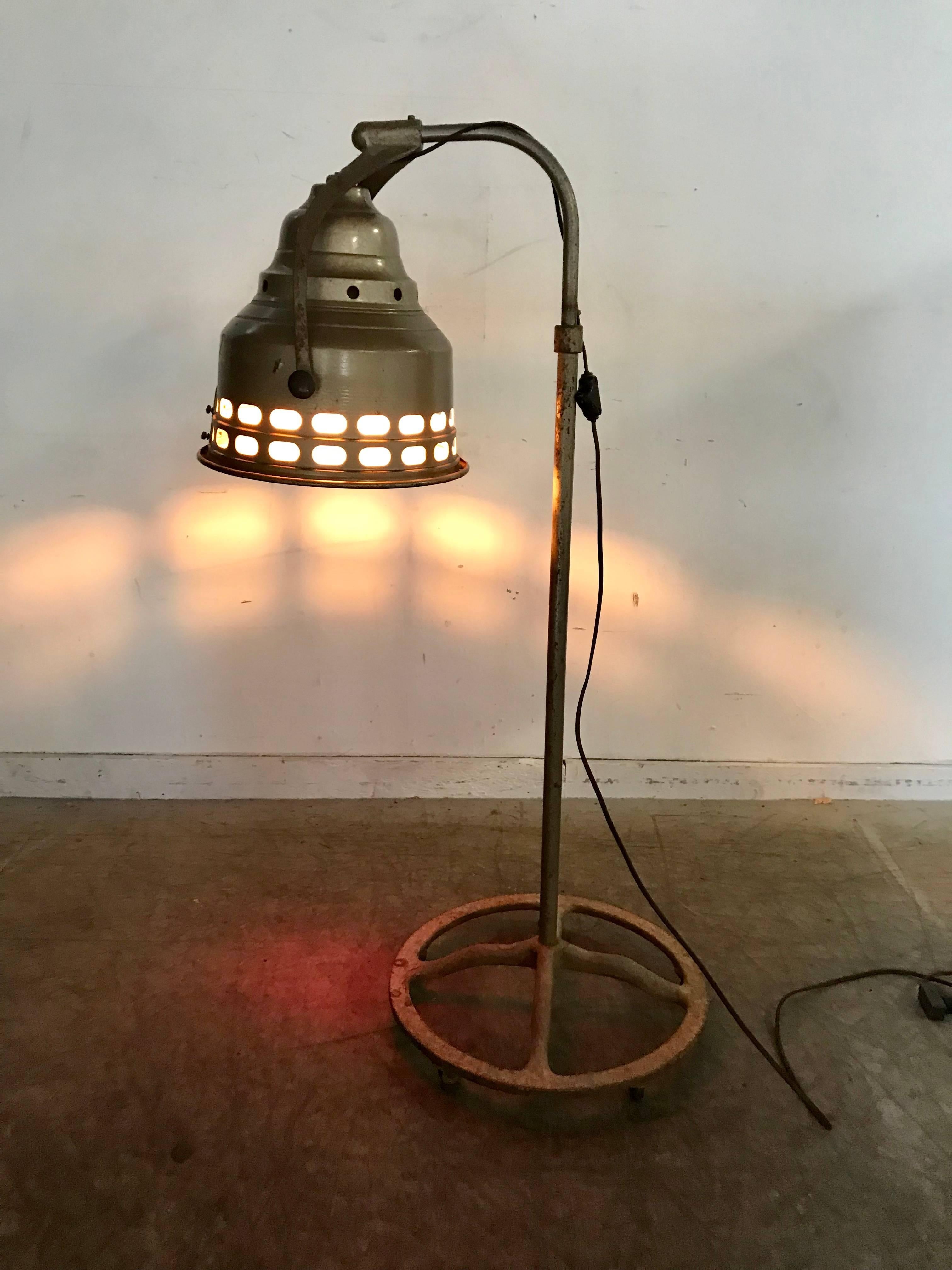 Stylish Cast Iron Industrial Floor Lamp with Red Lens by J. H. Eastman Co In Distressed Condition In Buffalo, NY