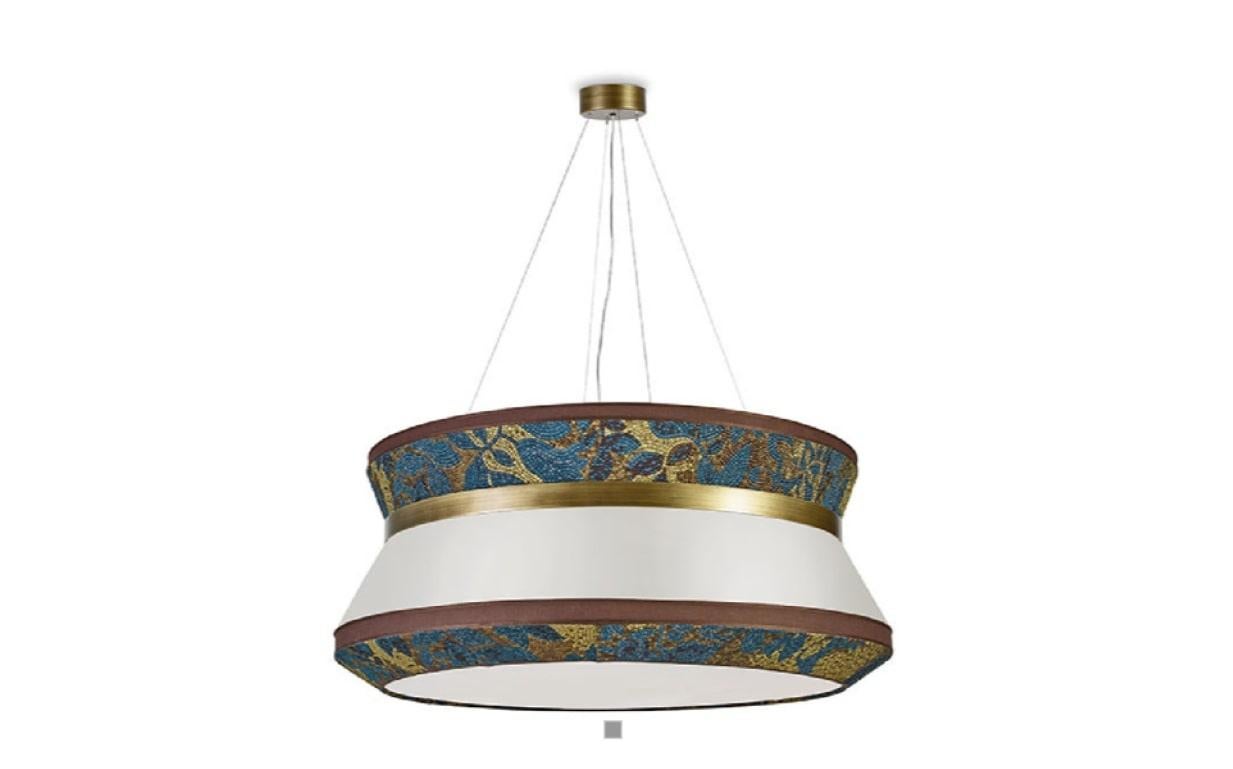 Italian Stylish Ceiling Lamp with Shade in Fabric and Metal frame in Burnished Brass For Sale